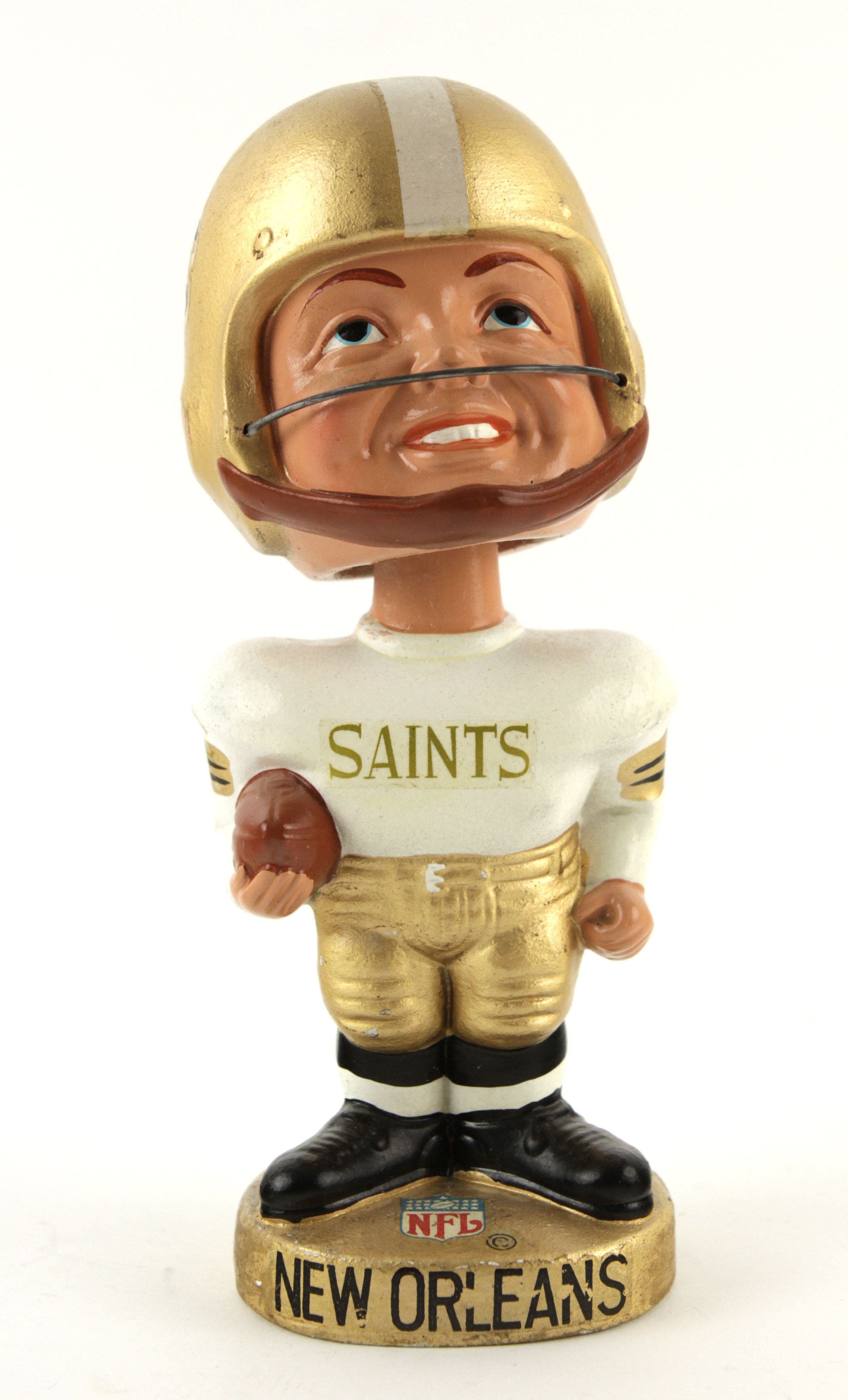 New Orleans Saints Extremely Scarce Real Face Nodder 1965 Vintage  Bobblehead Gold Base - Vintage Nodders