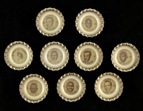 1960s Green Bay Packers Coca Cola Bottle Cap w/Mounting Sheet (Lot of 9)