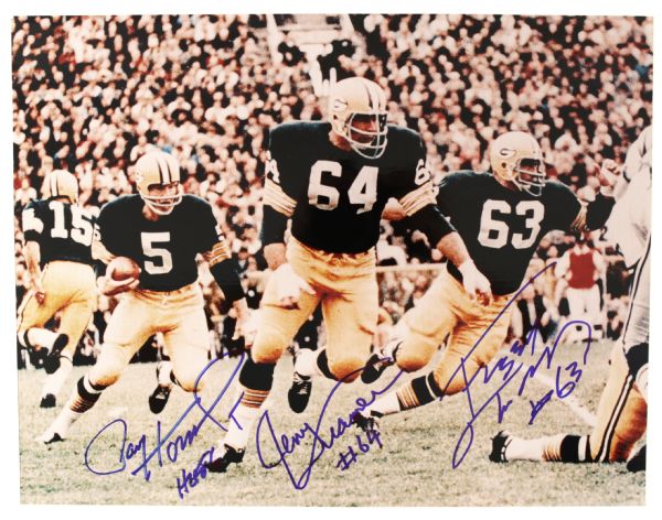 1990s Green Bay Packers Sweep Hand Signed 11" x 14" Photo w/Paul Hornung Jerry Kramer & Fuzzy Thurston - JSA 