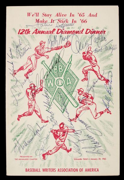 1965 Milwaukee Braves Team Signed Baseball Writers of America Program w/ Hank Aaron Warren Spahn Bob Uecker - JSA