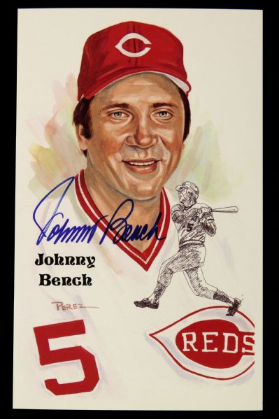 1989 Johnny Bench Cincinnati Reds Signed Perez Steele Postcard - JSA 