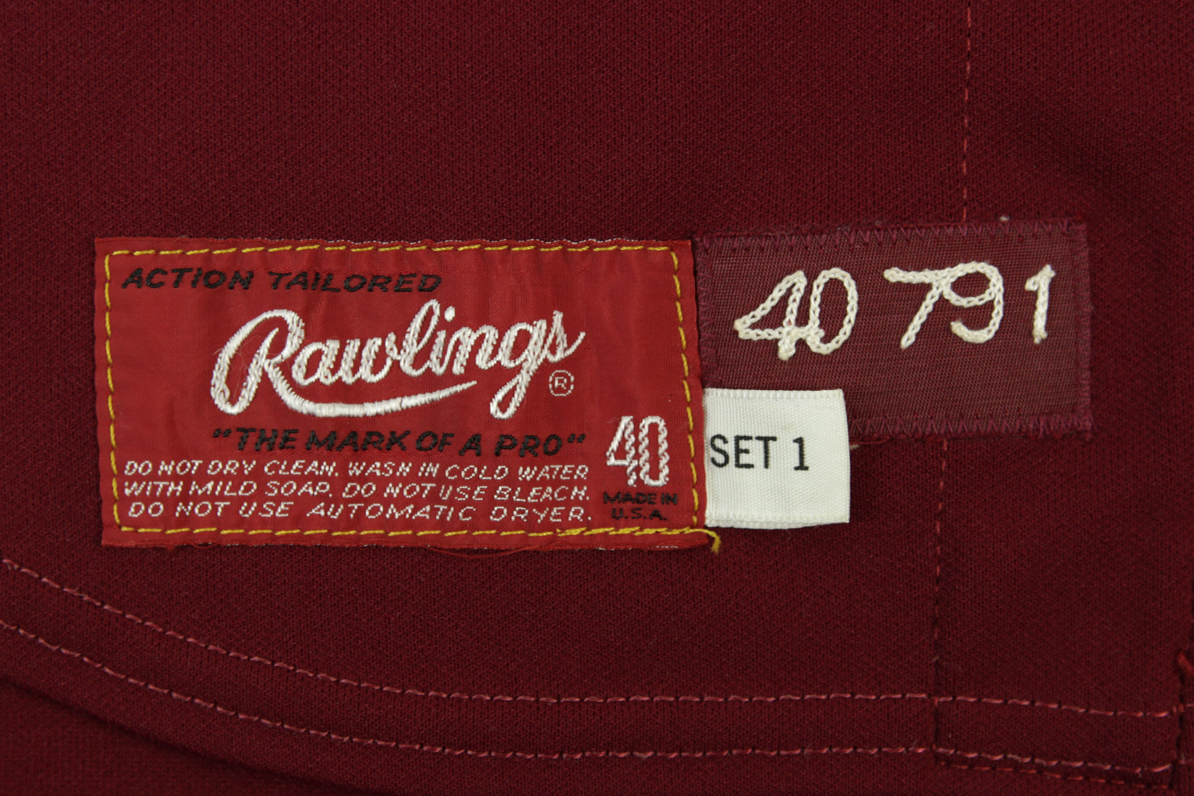 Lot Detail - 1979 Rudy Meoli Philadelphia Phillies Alternate Saturday Night Burgundy  Jersey Pants & Cap Purchased From Team Worn One Night Only (MEARS LOA)