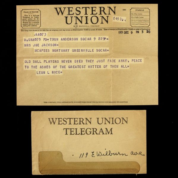 1951 Western Union Telegram Sent to Shoeless Joe Jacksons Mother Offering Condolences After his Passing (From Jackson Estate)