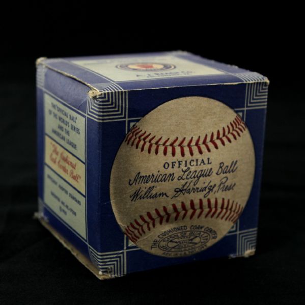 1934-1939 A. J. Reach Official American League Baseball Box (contained earliest all-red-stiched official AL baseball - William Harridge, President)