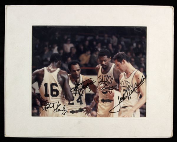 1980s Bill Russell John Havlicek Sam Jones Satch Sanders Boston Celtics Signed 7.5" x 9.5" Mounted Photo (JSA)