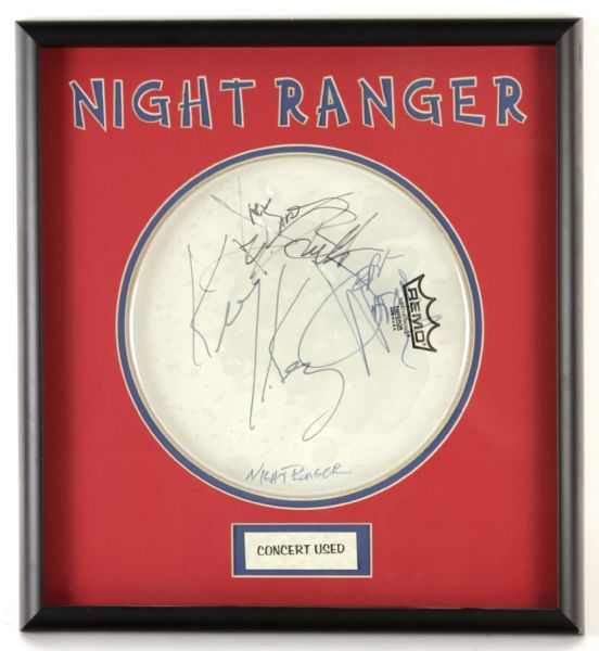 1980s Night Ranger Signed Concert Used Drumhead 17" x 19" Framed Display (JSA)