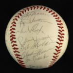 1975 Milwaukee Brewers Team Signed OAL MacPhail Baseball w/ 29 Signatures Including Hank Aaron, Robin Yount, Del Crandall & More (JSA) 