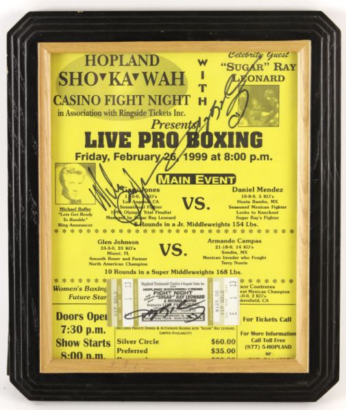 1999 Michael Buffer And "Sugar" Ray Leonard Signed 11" x 23" Framed Flier (JSA)
