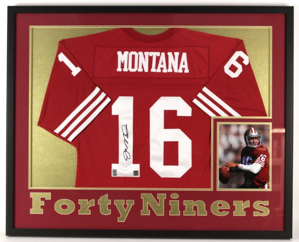 1990s Joe Montana San Francisco 49ers Signed 34" x 42" Framed Display (JSA)