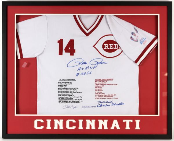 1986 Pete Rose Cincinnati Reds Signed 34" x 42" Framed All Time Hit King Commemorative Jersey (JSA) 137/500