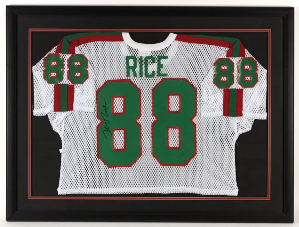 1980s Jerry Rice Mississippi Valley State Delta Devils Signed 31" x 41" Framed Jersey (JSA) 