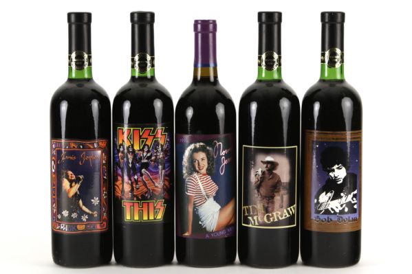 1996-98 Celebrity Cellars Unopened Wine Collection - Lot of 5 w/ Bob Dylan, Janis Joplin, Kiss & More