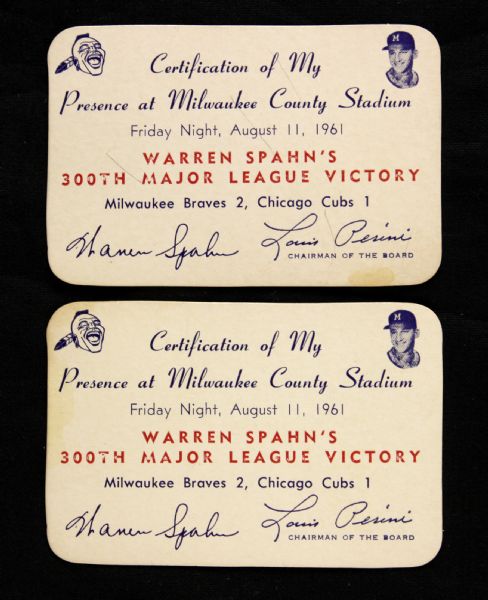 1961 Warren Spahn Milwaukee Braves Certification of Presence for Career Win #300 - Lot of 2