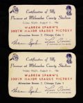 1961 Warren Spahn Milwaukee Braves Certification of Presence for Career Win #300 - Lot of 2