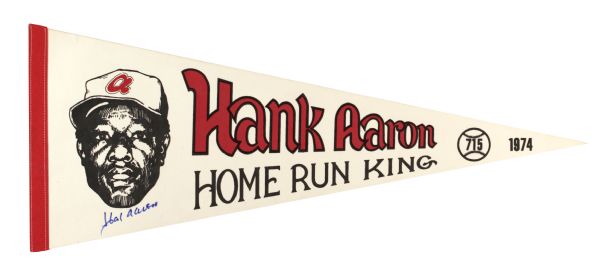 1974 Hank Aaron Signed Home Run King 29" Full Size Pennant (JSA)