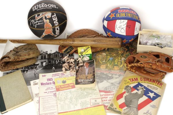 1942-1990s Assorted Lot Of Baseball Gloves Bat Ball Basketballs Books Artwork Toys 