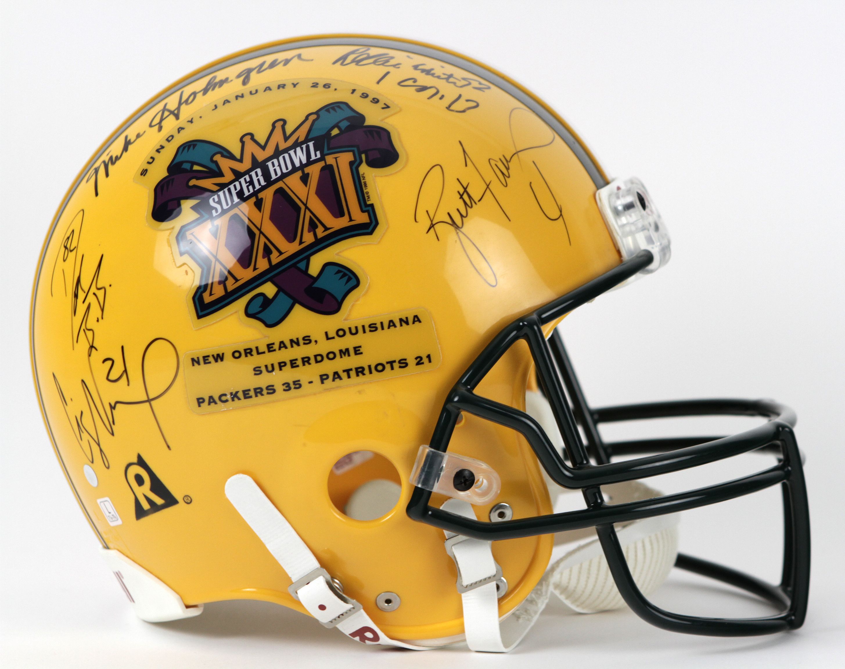 Lot Detail - 1997 Reggie White Brett Favre Green Bay Packers Signed Super  Bowl XXXI Full Size Helmet (*Full JSA Letter*)