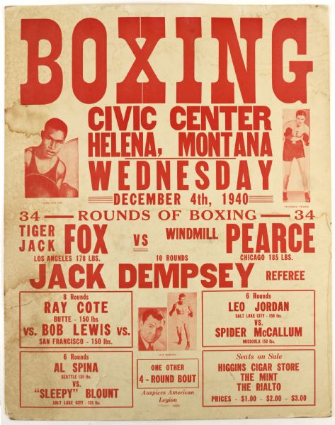 1940 22" x 27" Broadside Boxing Poster Tiger Jack Fox Windmill Pearce Jack Dempsey 