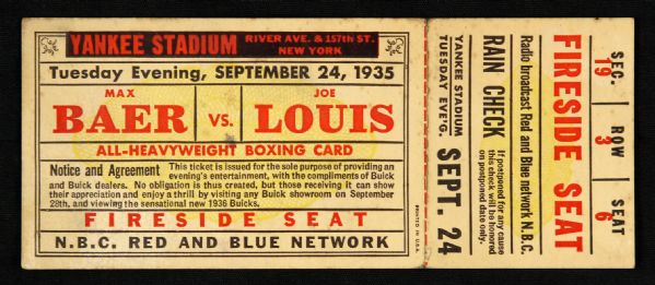 1935 Joe Louis vs. Max Baer Full Fight Ticket NBC Fireside Seat