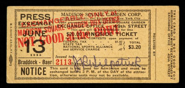 1935 Jim Braddock (Cinderella Man) vs. Max Baer Press Exchange Ticket