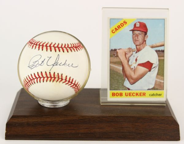 1966-94 Bob Uecker St. Louis Cardinals Single Signed OAL Brown Baseball & Topps Card (JSA)