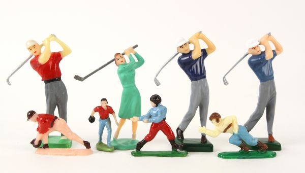 1950s Plastic Sports Figures - Lot of 8 w/ Golf, Baseball, Football & Bowling