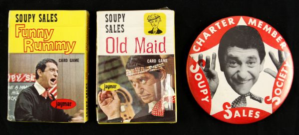 1960s Soupy Sales - Old Maid Funny Rummy Cards 3 1/2" Pinback Button (Lot of Three)