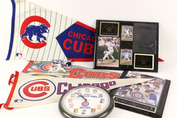 1969-2004 Chicago Cubs Memorabilia Collection - Lot of 6 w/ Pennants, Clock & More 