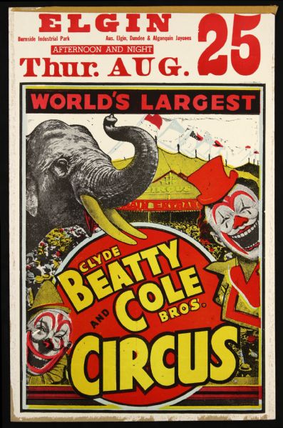 1940s circa Clyde Beatty and Cole Brothers Circus Poster Elgin Illinois (14" x 22")