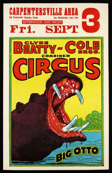 1940s circa Circus Poster Clyde Beatty and Cole Brothers Big Otto Carpentersville Illinois (14" x 22")