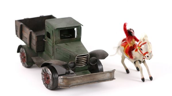 1960s circa Mechanical Horse w/ Monkey Rider & Farm Pick Up Truck- Lot of 2