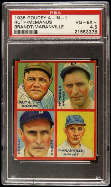 1935 Goudey 4-In-1 Boston Braves Babe Ruth McManus Brandt Maranville Ruths Last Card (PSA VG-EX+ 4.5)