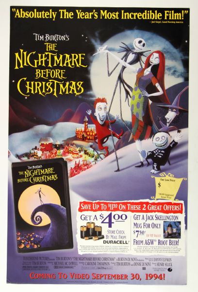 1994 Tim Burtons The Nightmare Before Christmas Movie Poster 26" x 40" 