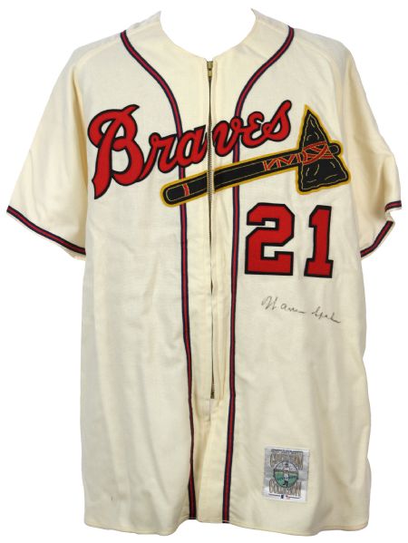 1990s Warren Spahn Milwaukee Braves Signed Mitchell & Ness High Quality Reproduction Jersey (JSA)