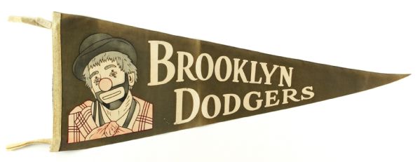 1940s Brooklyn Dodgers Full Size 29" Pennant w/ Emmett Kelly Style Clown/Bum