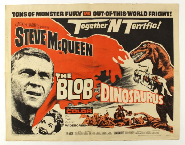 1964 Steve McQueen The Blob Plus Dinosaurus 22" x 28" 1/2 Sheet Original Movie Poster