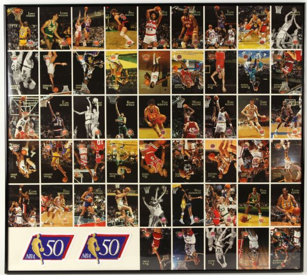1996 NBA 50th Anniversary 24" x 26" Framed Display w/ NBA 50 Patches & Topps NBA Stars Uncut Sheet