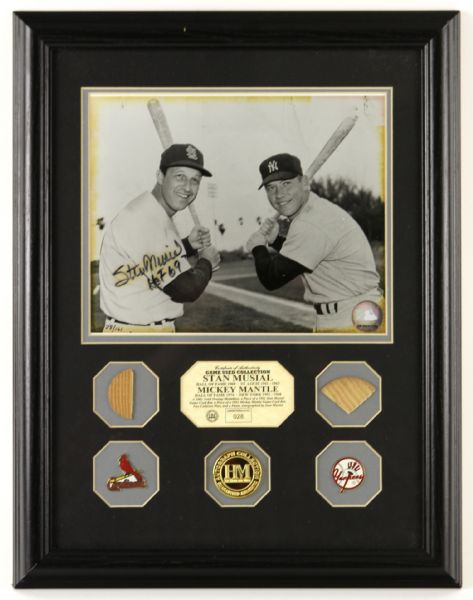 2002 Highland Mint Stan Musial Mickey Mantle Game Used Collection w Musial Signature Framed Display 14" x 18"  (JSA)