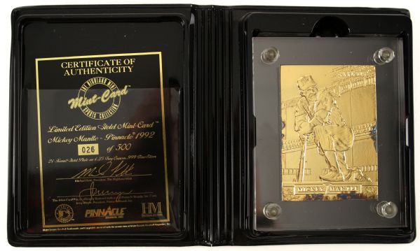 1995 Mickey Mantle Pinnacle Highland Mint Gold Mint Card 24 Karat Gold Plate 4 Ounces Silver 26/500