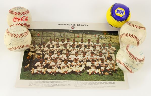 1950s-90s Baseball Memorabilia Collection - Lot of 6 w/ Milwaukee Braves Team Photo, Facsimile Signed Baseballs & More