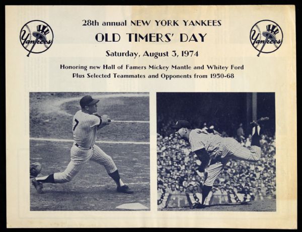 1974 New York Yankees Old Timers Day Honoring Mickey Mantle & Whitey Ford Program