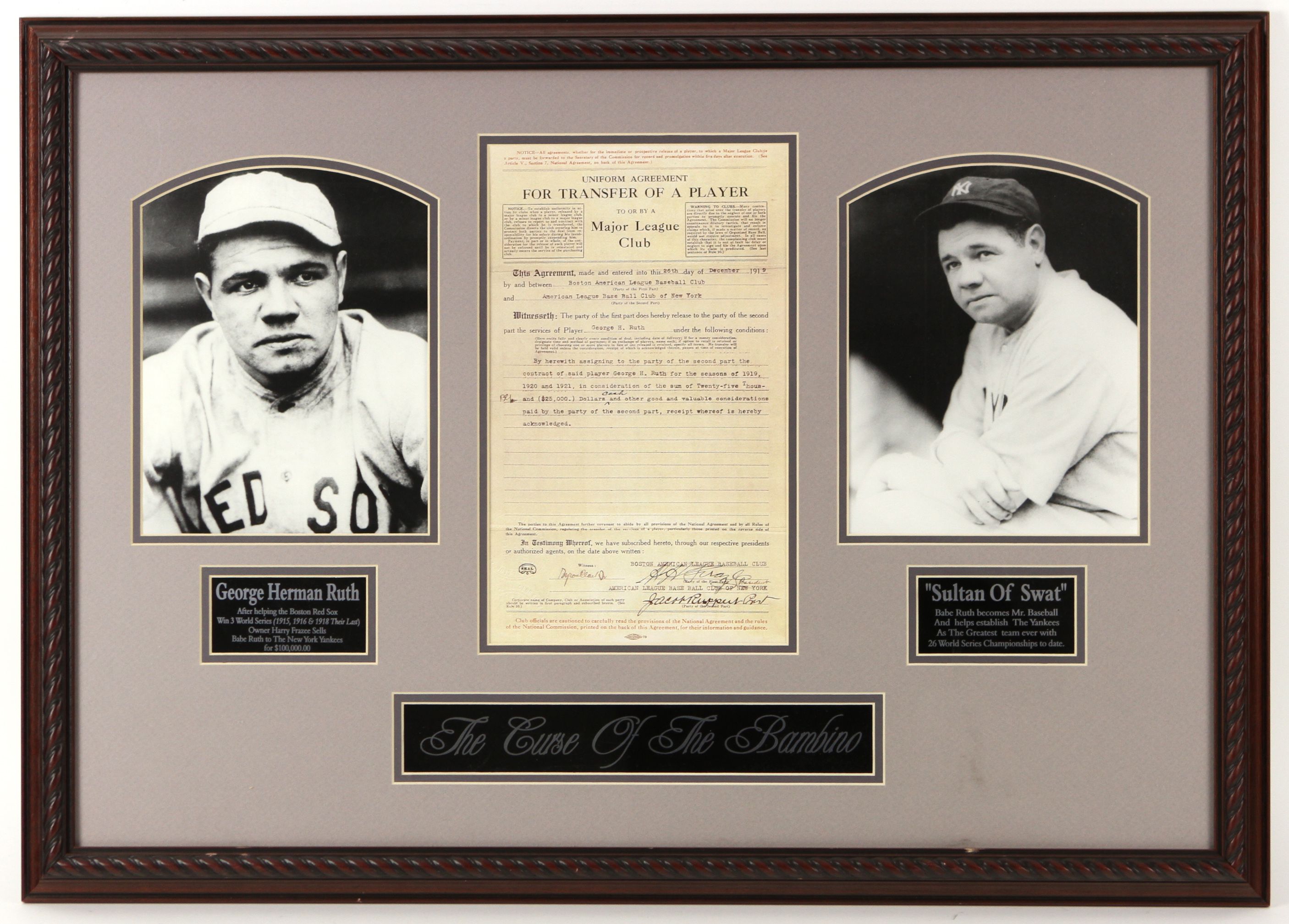 Lot Detail - 2003 Babe Ruth Curse of the Bambino 22 x 32 Framed Display  w/ Reproduction of Boston/New York Transfer Agreement