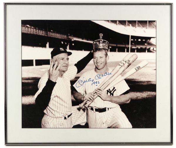 1956 circa Signed Framed Mickey Mantle Triple Crown Photo w/ Casey Stengel 20" x 25" (JSA) 