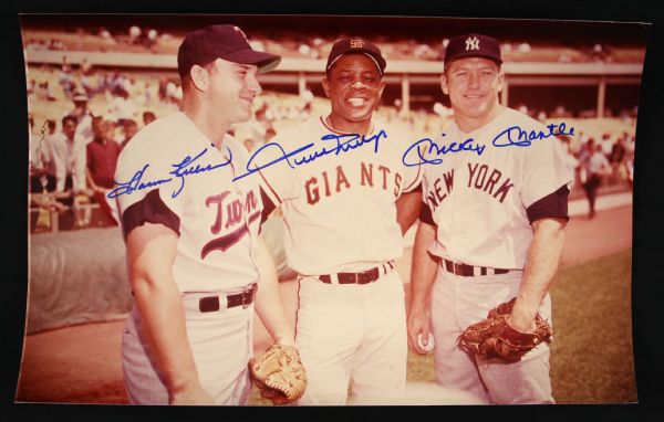 1980s Mickey Mantle WIllie Mays Harmon Killebrew Signed 9" x 13" Photo (JSA)