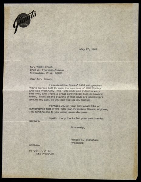 1969 Horace Stoneham San Francisco Giants Typed Letter On Team Letterhead