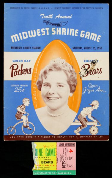 1959 Green Bay Packers Chicago Bears Milwaukee County Stadium 10th Annual Shrine Game Program & Ticket Stub - Lot of 2 (Lombardis First Game)