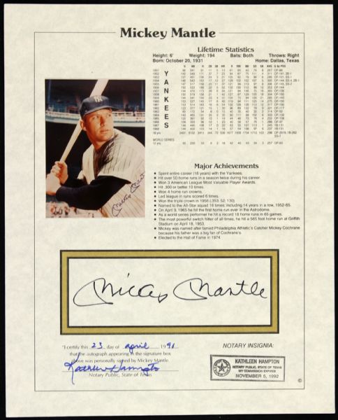 1990 Mickey Mantle New York Yankees Signed 8" x 10" Statistics & Lifetime Achievements Sheet (Notarized)