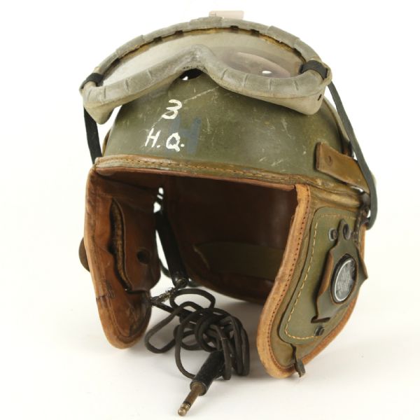 1942-45 WW2 (M38) Battle Worn Rawlings (size 7) Tank Helmet w/ Earphones & Goggles (Soldier Identified H. Jay)