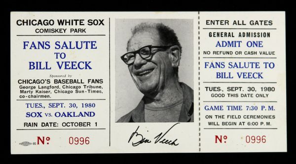 1980 Chicago White Sox Oakland As Fans Salute to Bill Veeck Full Ticket Stub