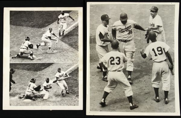 1955-56 circa Brooklyn Dodgers Jackie Robinson Stealing Home & Homeplate Greeting Original 8x10 Wire Photo (Lot of 2)